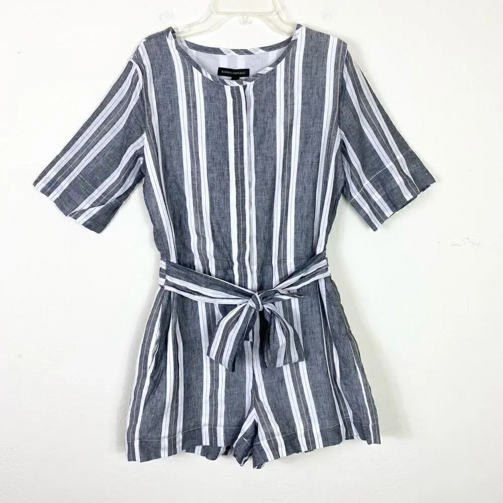 NWT Banana Republic Grey & White Linen Blend Belted Waist Short Romper Playsuit